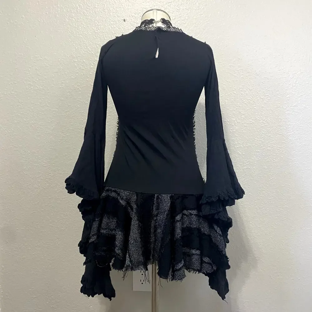 Asymmetrical Striped Layered Flare Dramatic Sleeve Whimsigoth Vamp Gothic Dress - Picture 10 of 12